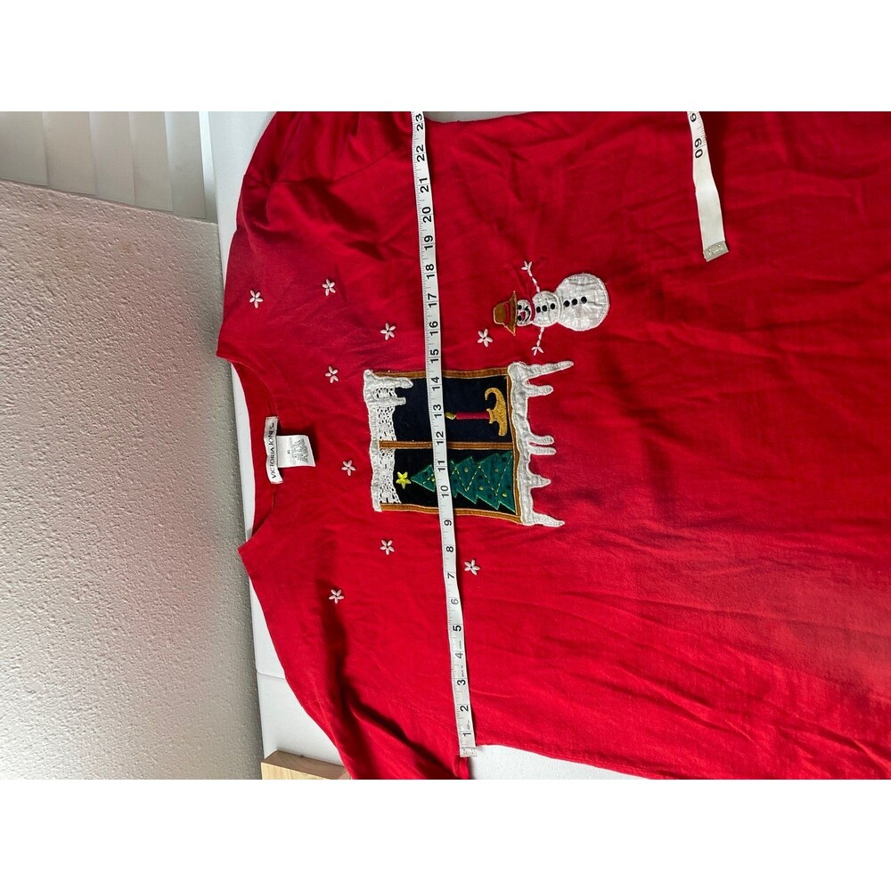 Vintage Christmas Embroidered Top XL • Cute Snowman Holiday Red Long Sleeve - Picture 6 of 6